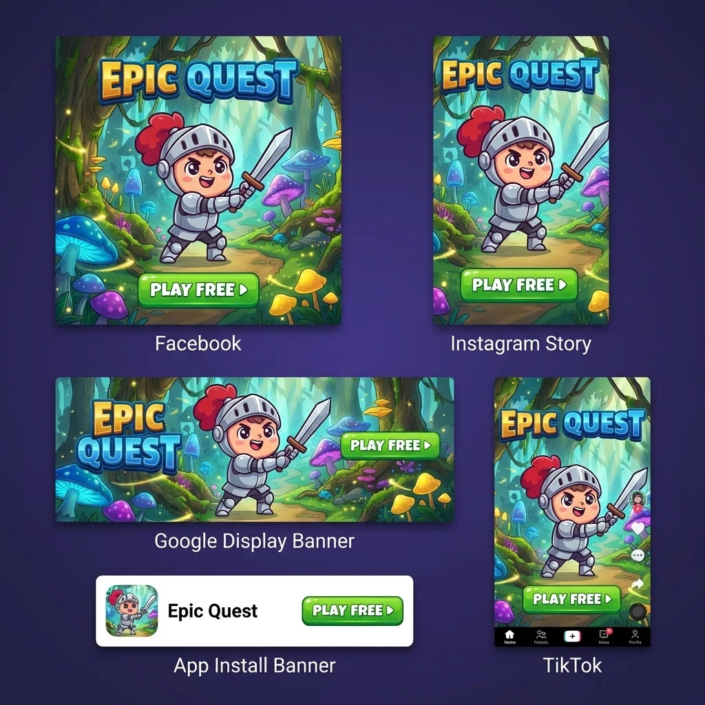 Same ad creative exported to Facebook, Instagram, TikTok, Google formats